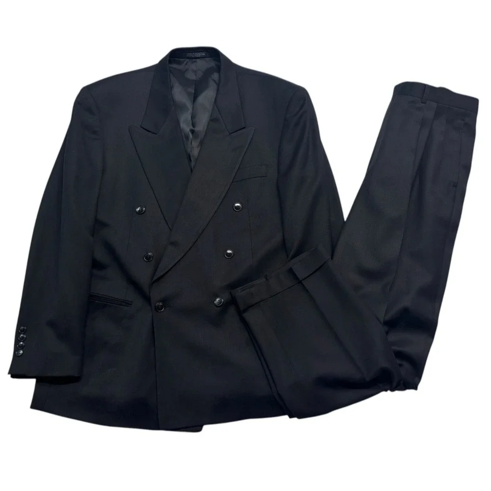 vtg 90s Black 42R 35x32 Double Breasted 2pc Pant Suit Wool Pleated Cuffed Mens